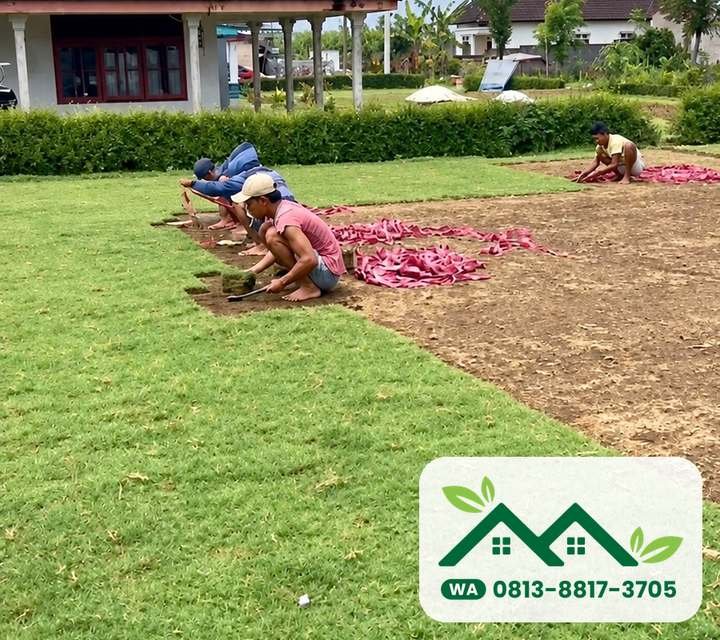 Proses panen lembaran rumput di kebun saat musim hujan