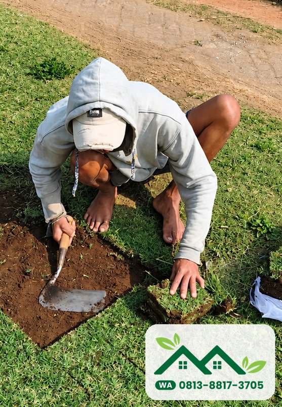 Memasang lembaran rumput jepang untuk halaman di Surabaya
